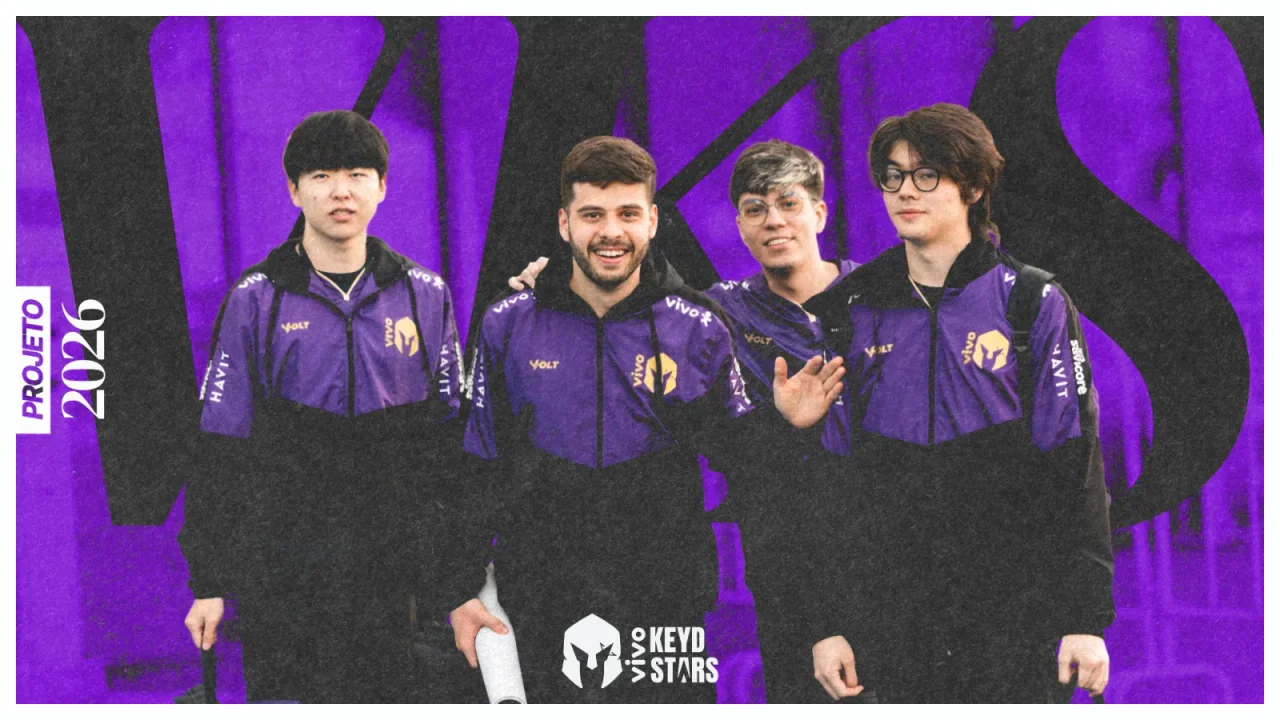 Deck cover with the VKS players standing together in purple jerseys, a vertical Projeto 2026 label, and the team logo.