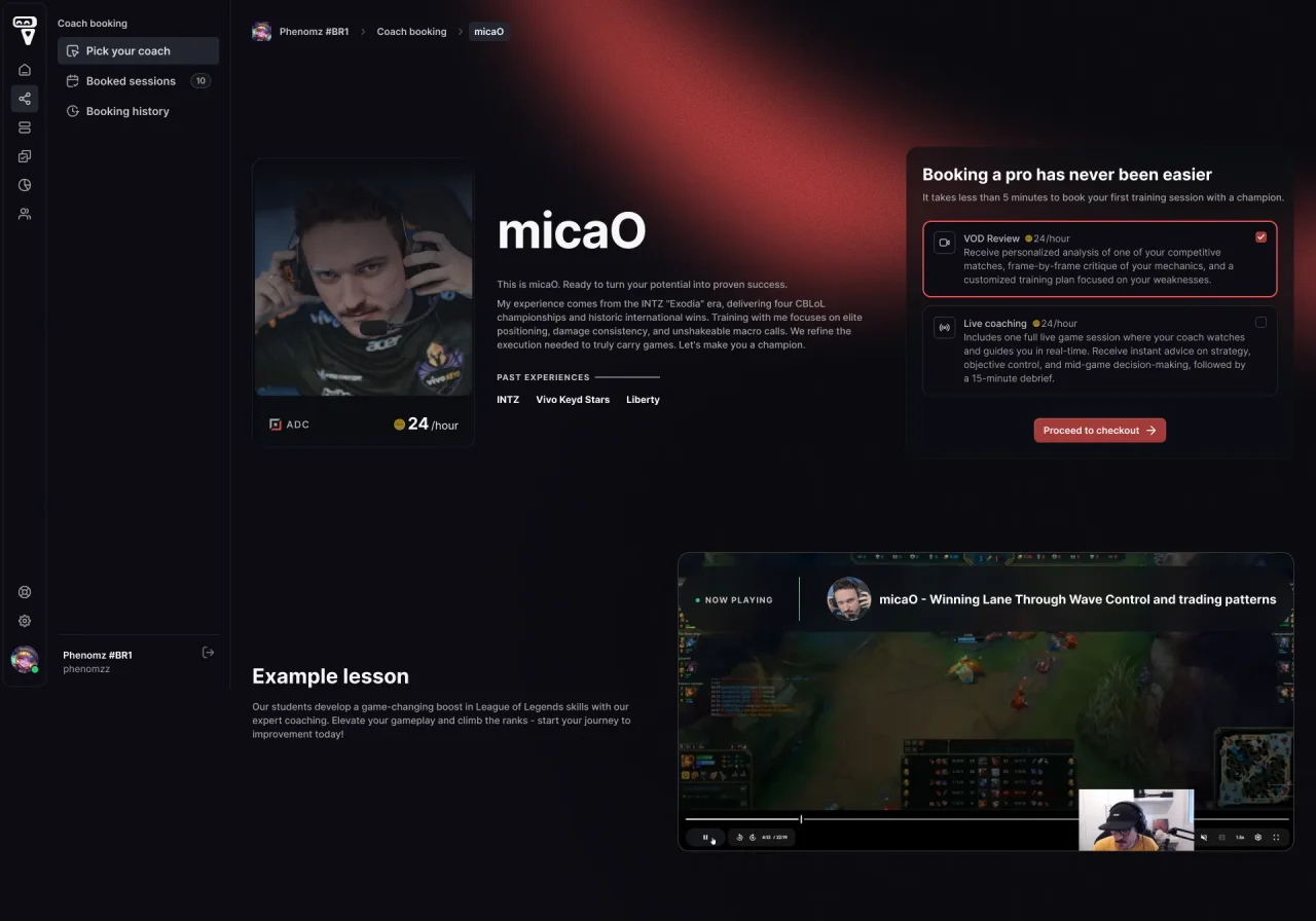 Coach profile page with the coach's photo and bio, a panel for choosing between VOD review and live coaching, an example lesson video, and user reviews.