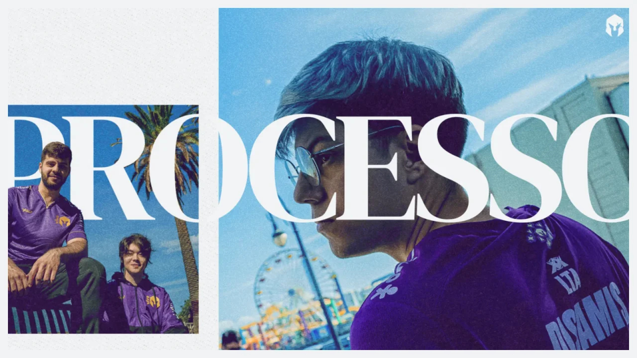 Section opener with the word PROCESSO set in huge serif letters across a photo of a player, with smaller photos layered in.