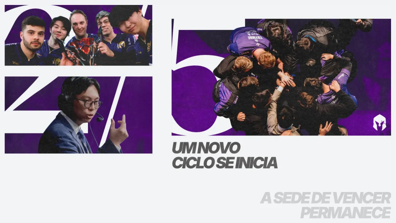 Slide composed of photo fragments inside large numerals 2 and 5, with the text Um novo ciclo se inicia.