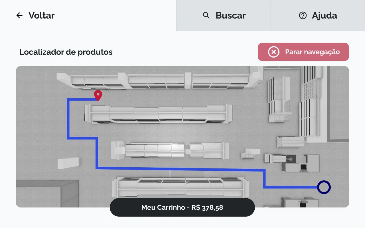 Product-finder prototype with a route through the supermarket, a destination pin, stop-navigation control, and persistent cart total.