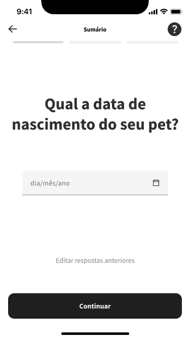 Pet insurance quote step asking for a date of birth, with progress, help, an edit-previous-answers link, and a continue button.