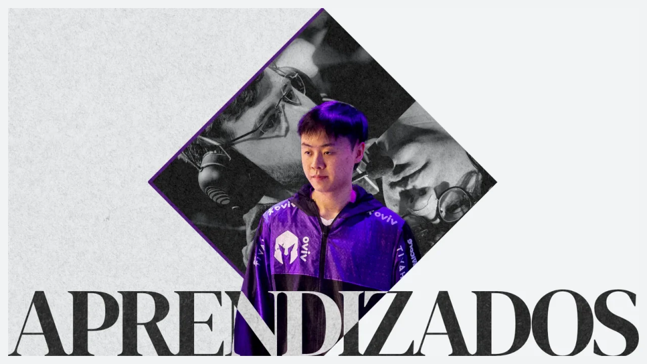 Section opener with APRENDIZADOS in large serif type below a diamond-shaped photo frame of a player.