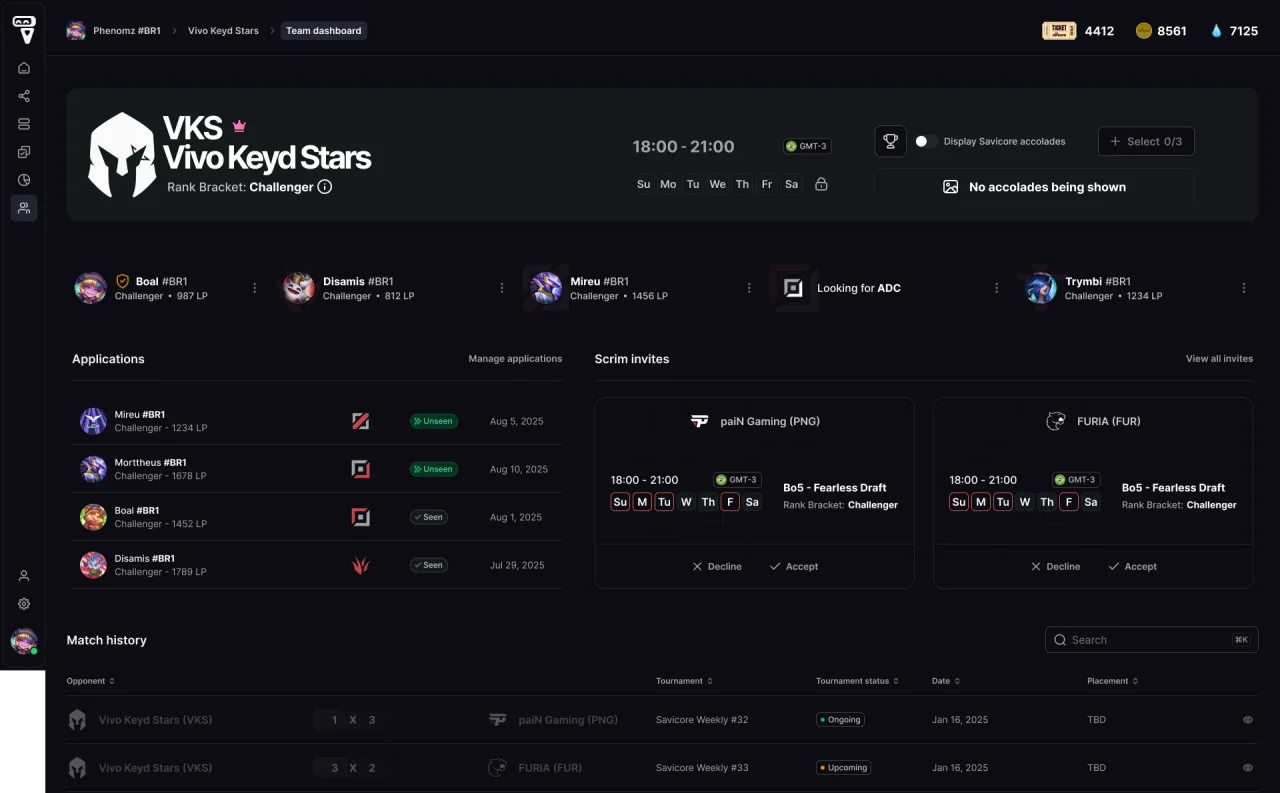 Team page member view with the team header, roster, applications, upcoming matches, and a match history table.