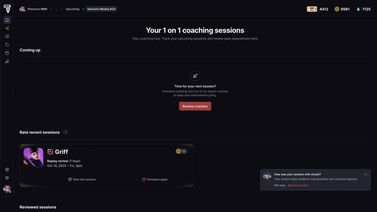Session history with a notification in the corner asking how the session with the coach went, with a Review session action.