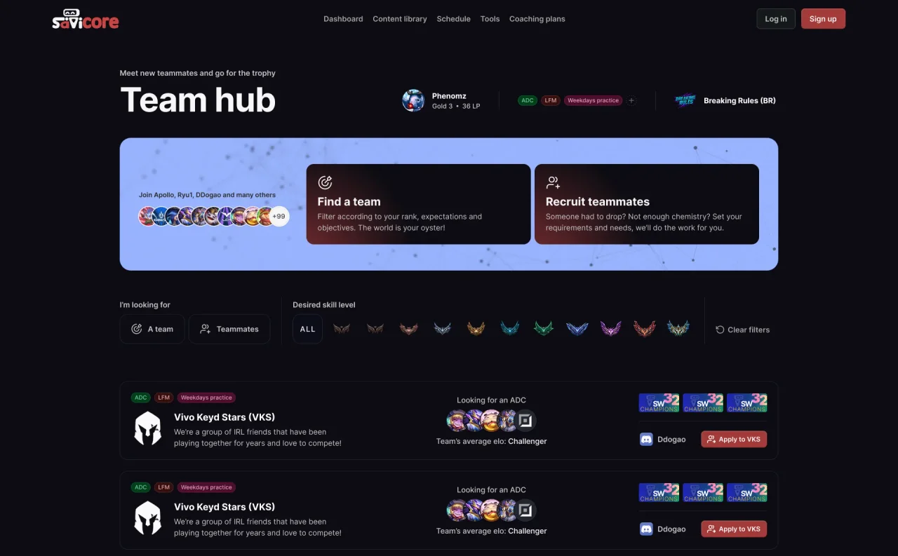 Early Team hub page on the old top navigation, with a banner for finding a team or recruiting teammates and a long list of recruitment posts.