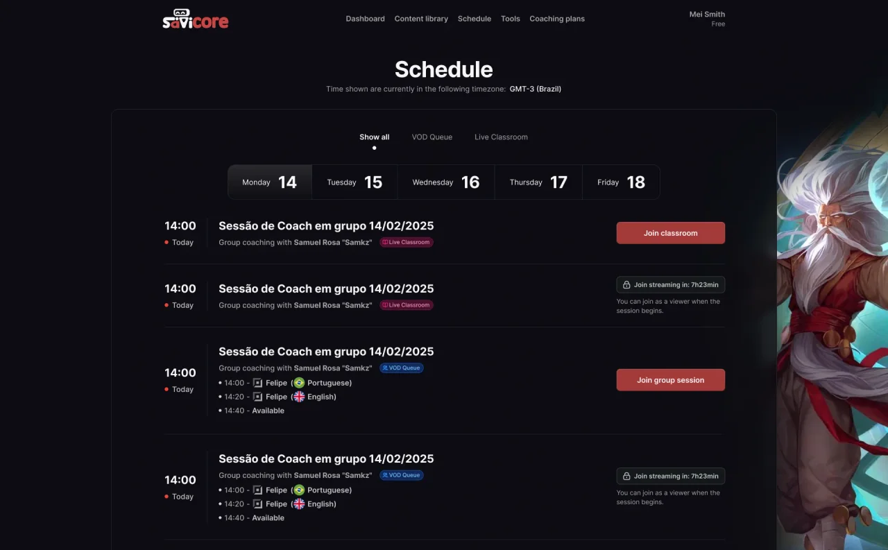 Schedule page on the v2 top navigation, with a week selector and a list of upcoming group classes.