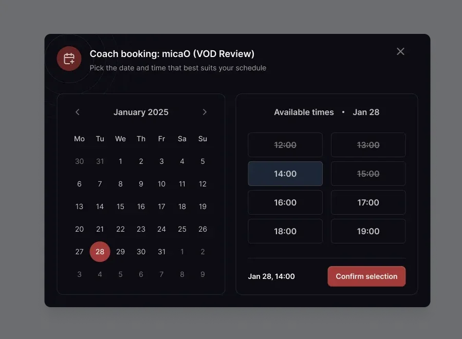 Booking modal with a monthly calendar and available time slots for the selected day, with unavailable slots struck through.