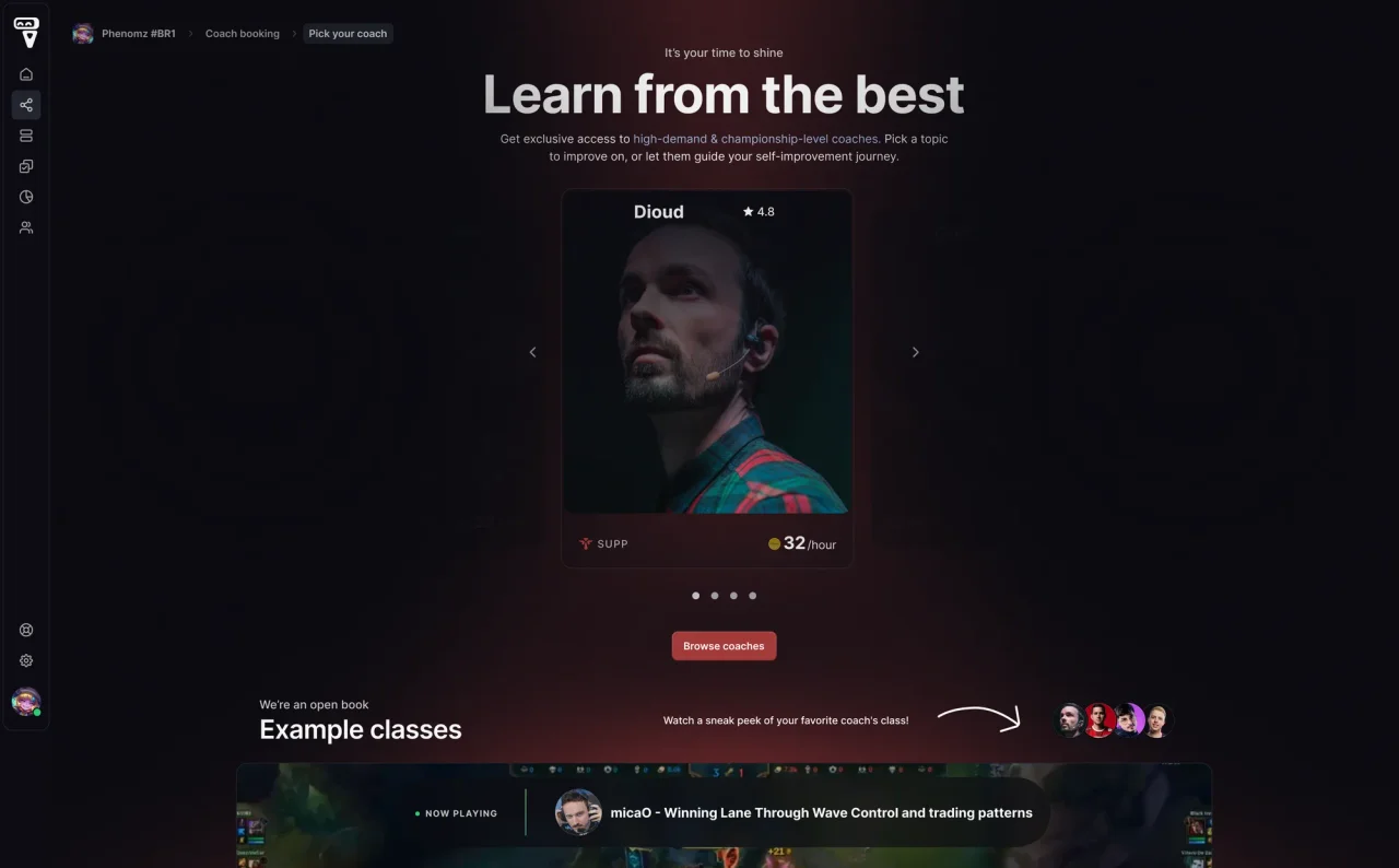Coach booking home with the headline Learn from the best, a single featured coach card in a carousel, a Browse coaches button, and an example class video below.