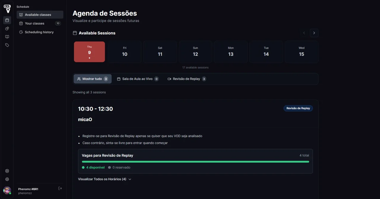 The same schedule page in the v3 sidebar shell, with a week selector and upcoming sessions.
