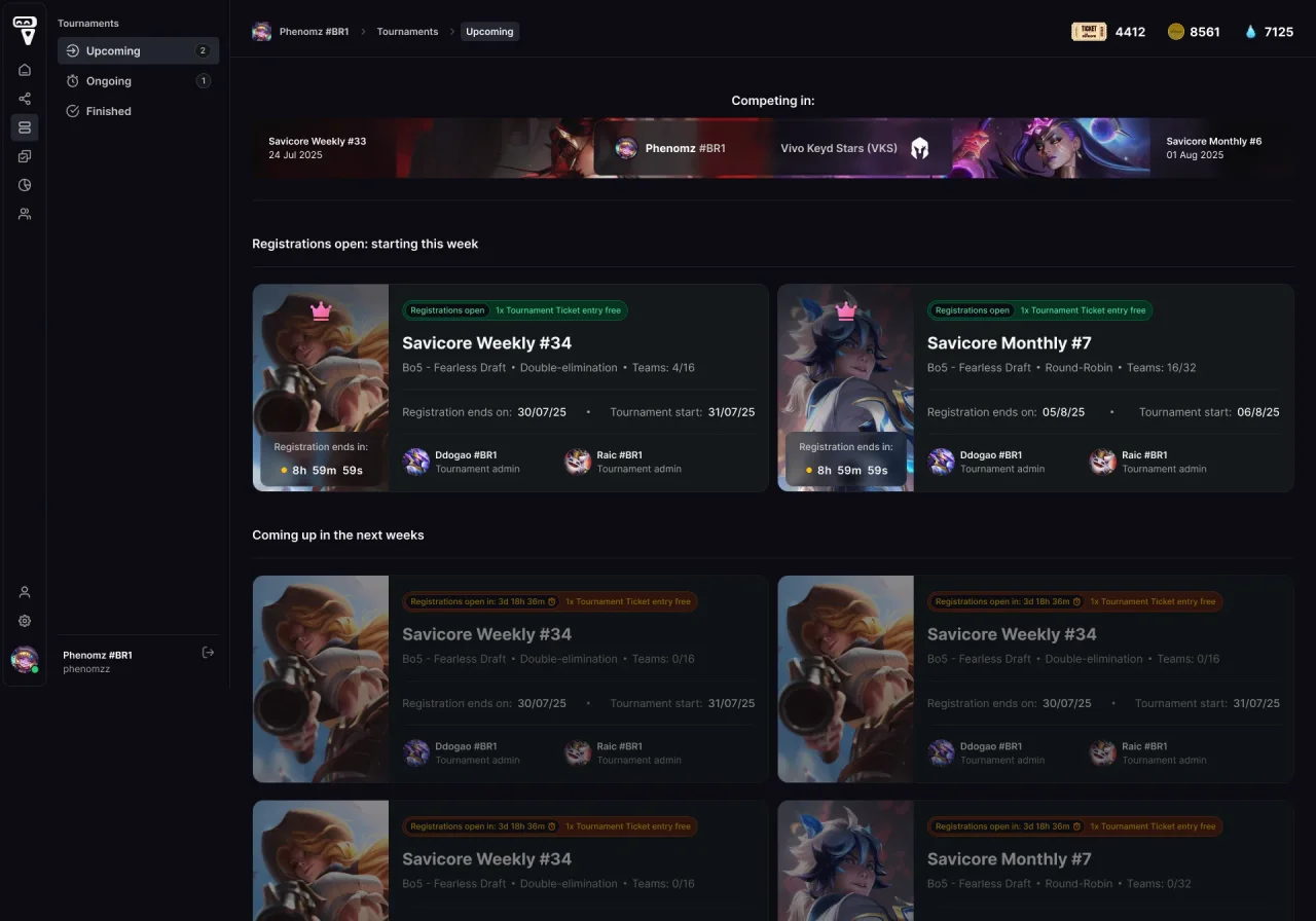 Tournaments overview listing competing and upcoming events as cards with artwork, dates, format, and registration status.
