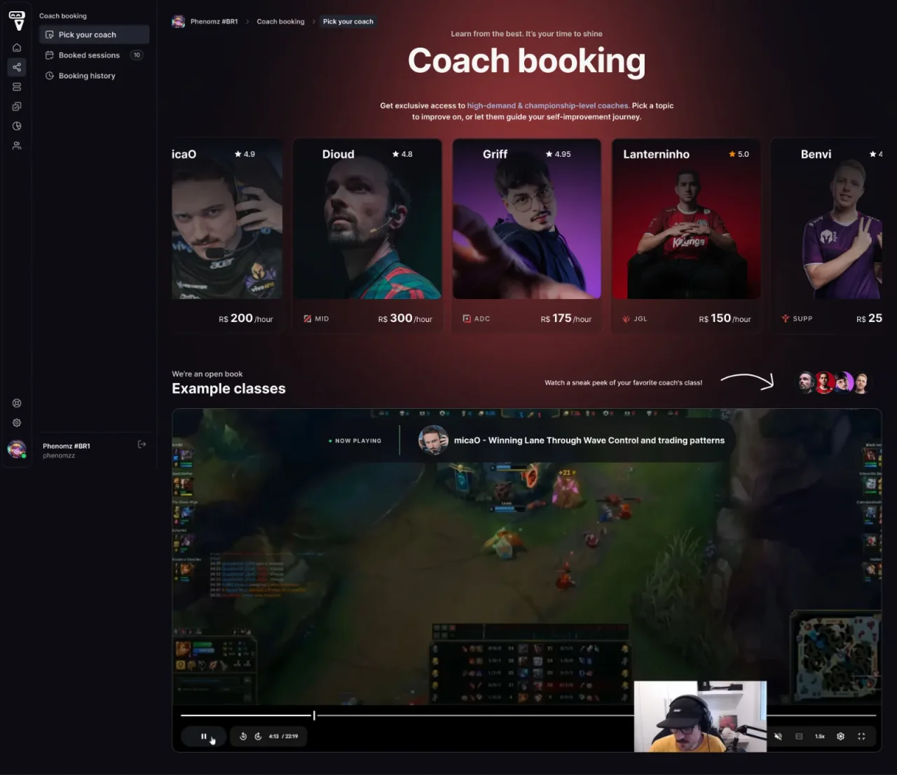 Early direction for the coach booking page with five equally sized coach portraits in a row and an example class video below.