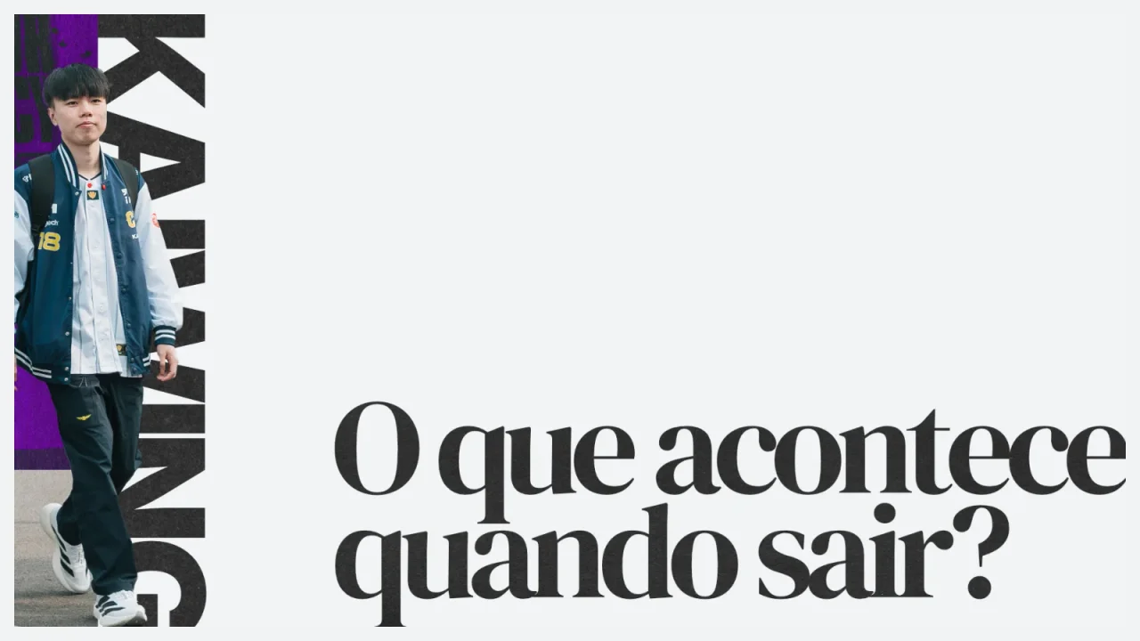 Mostly white slide with a player cut-out on the left, a vertical name, and the question O que acontece quando sair in serif.