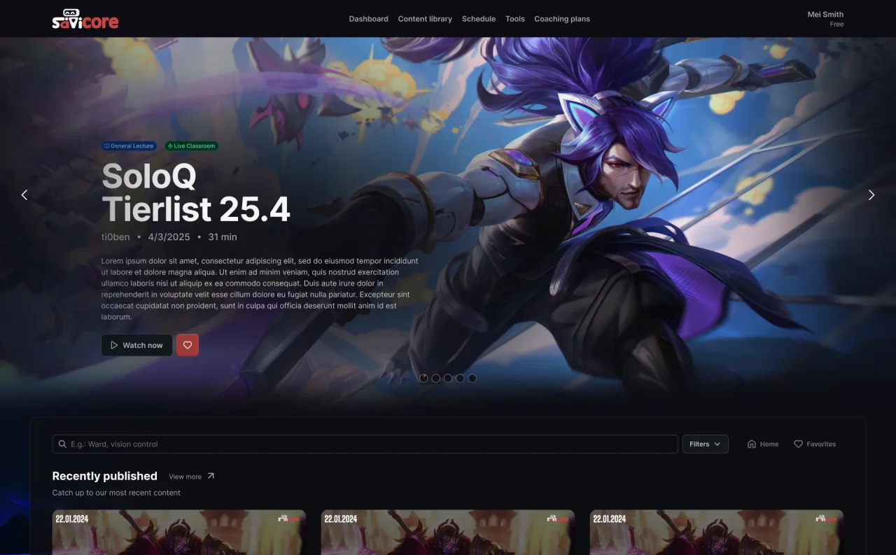Content library with a featured hero video and rows of video thumbnails grouped by category.