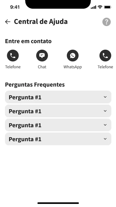 Help-hub prototype grouping phone, chat, and WhatsApp controls above a list of placeholder FAQ questions.