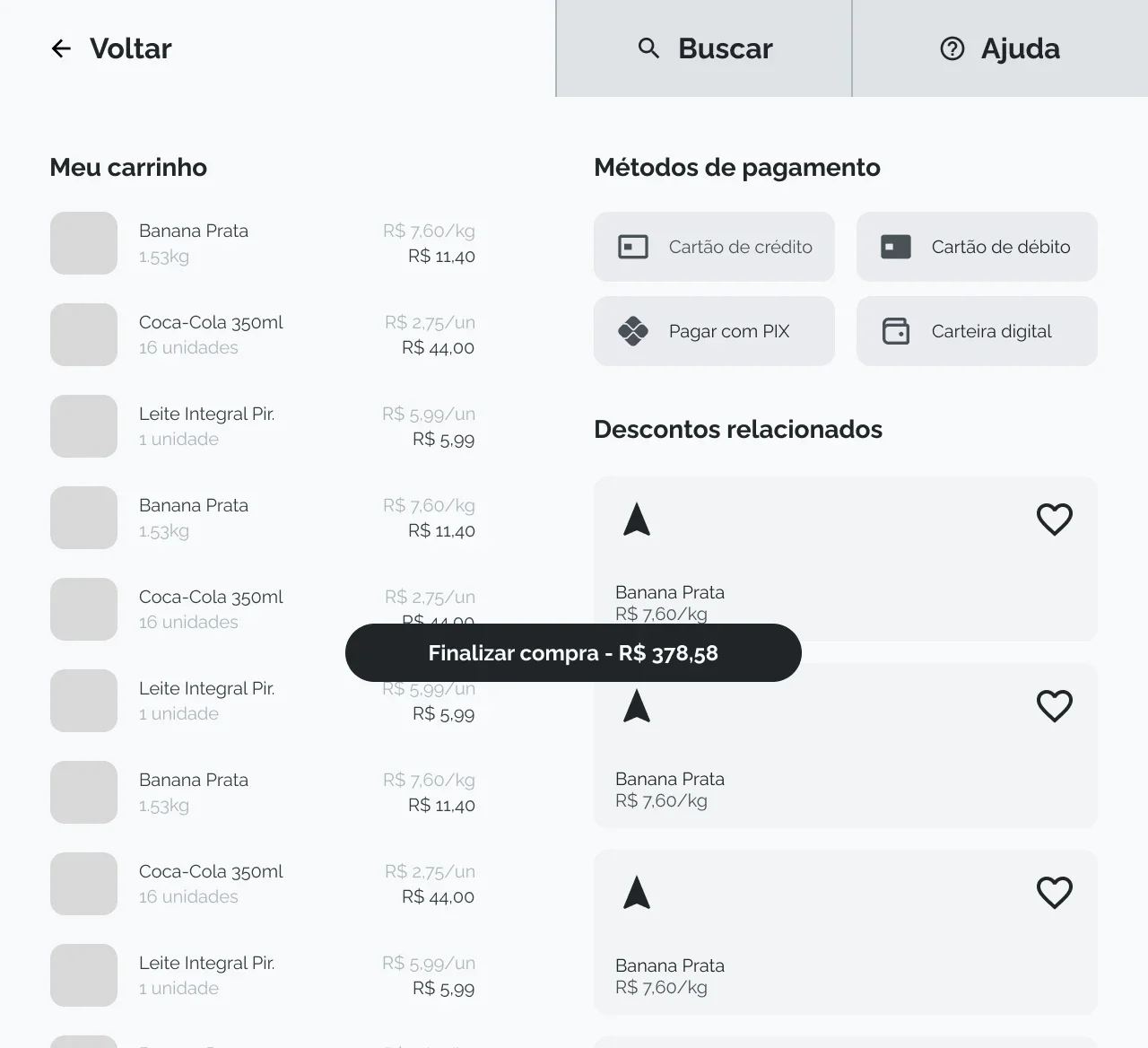 Mid-fidelity payment screen showing basket items, credit, debit, PIX and digital-wallet choices, discounts, and a checkout action.