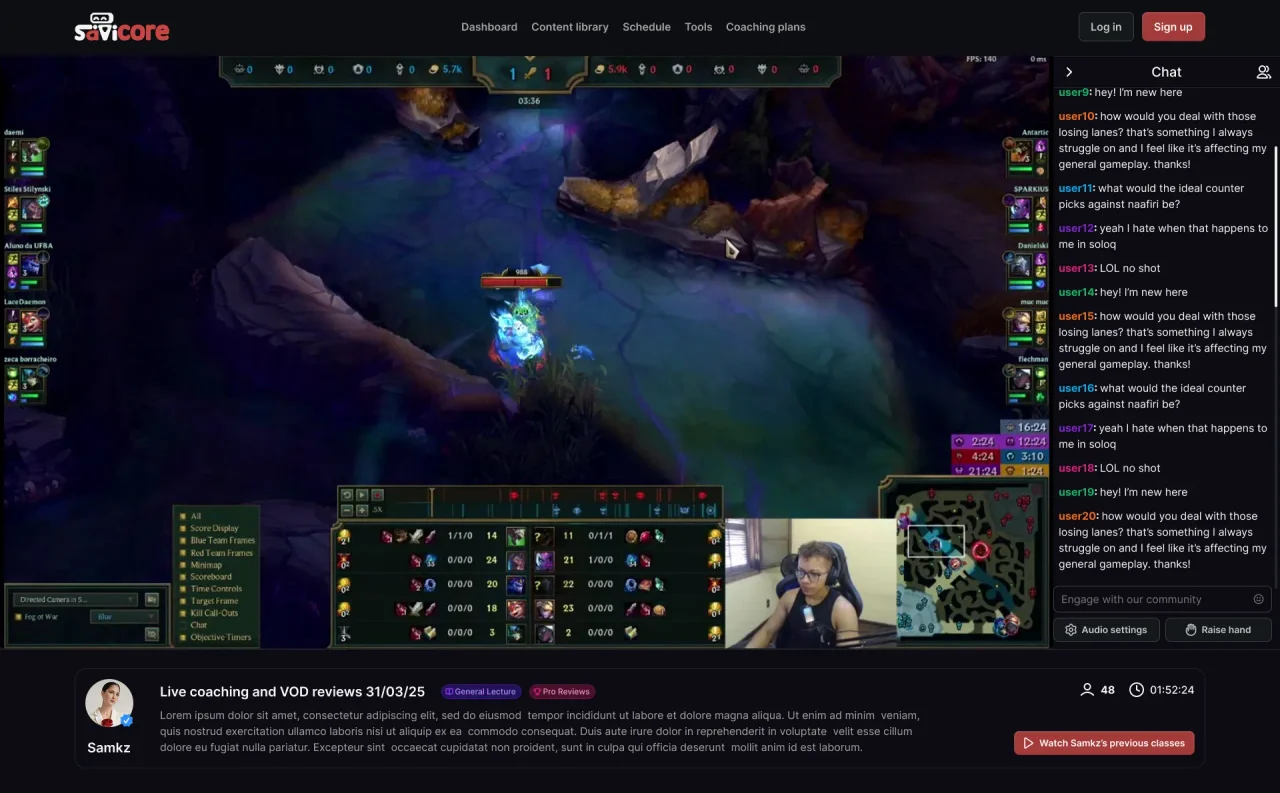 Live class player with the stream, a chat panel, class information, and recommended videos below.