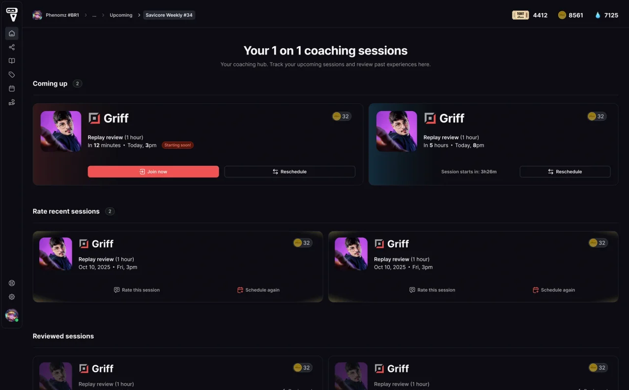 Session history with upcoming sessions, sessions to review with Rate this session and Schedule again actions, and reviewed sessions below.