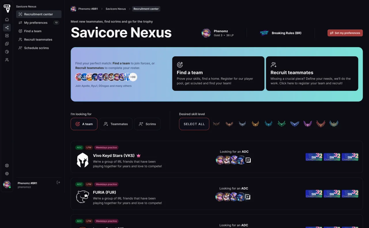 Savicore Nexus page with Players, Teams and Scrims tabs, Find a team and Recruit teammates actions, role filters, and team listings.