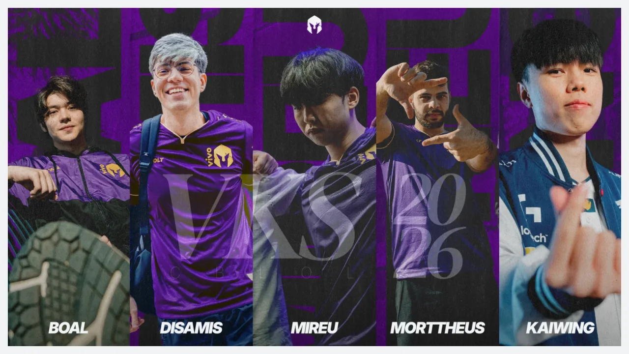 Roster slide with five players side by side and a translucent VKS 2026 monogram behind them.