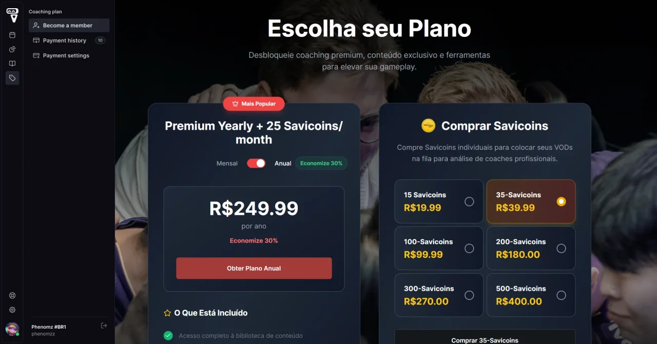 Coaching plan page in the v3 shell comparing a yearly premium plan with Savicoin bundles.