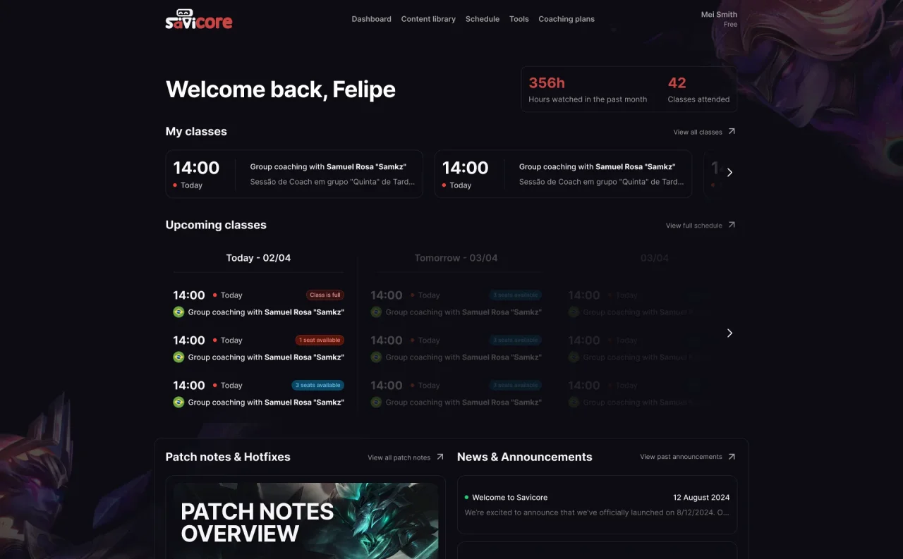 Student dashboard with a welcome header showing hours watched and classes attended, the student's booked classes, a carousel of upcoming classes with seat availability, and patch notes and announcements.