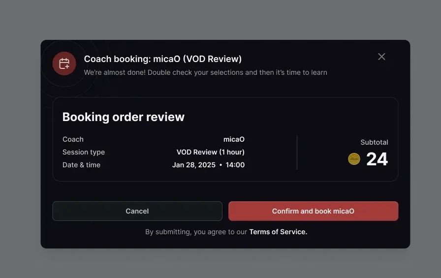 Booking order review modal summarising coach, session type, date and time, with a subtotal of 24 Savicoins and a Confirm and book button.