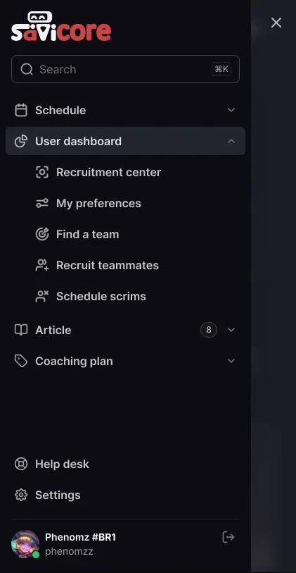 Mobile sidebar drawer listing grouped sections such as schedule, user dashboard, recruitment, articles, and coaching plan.