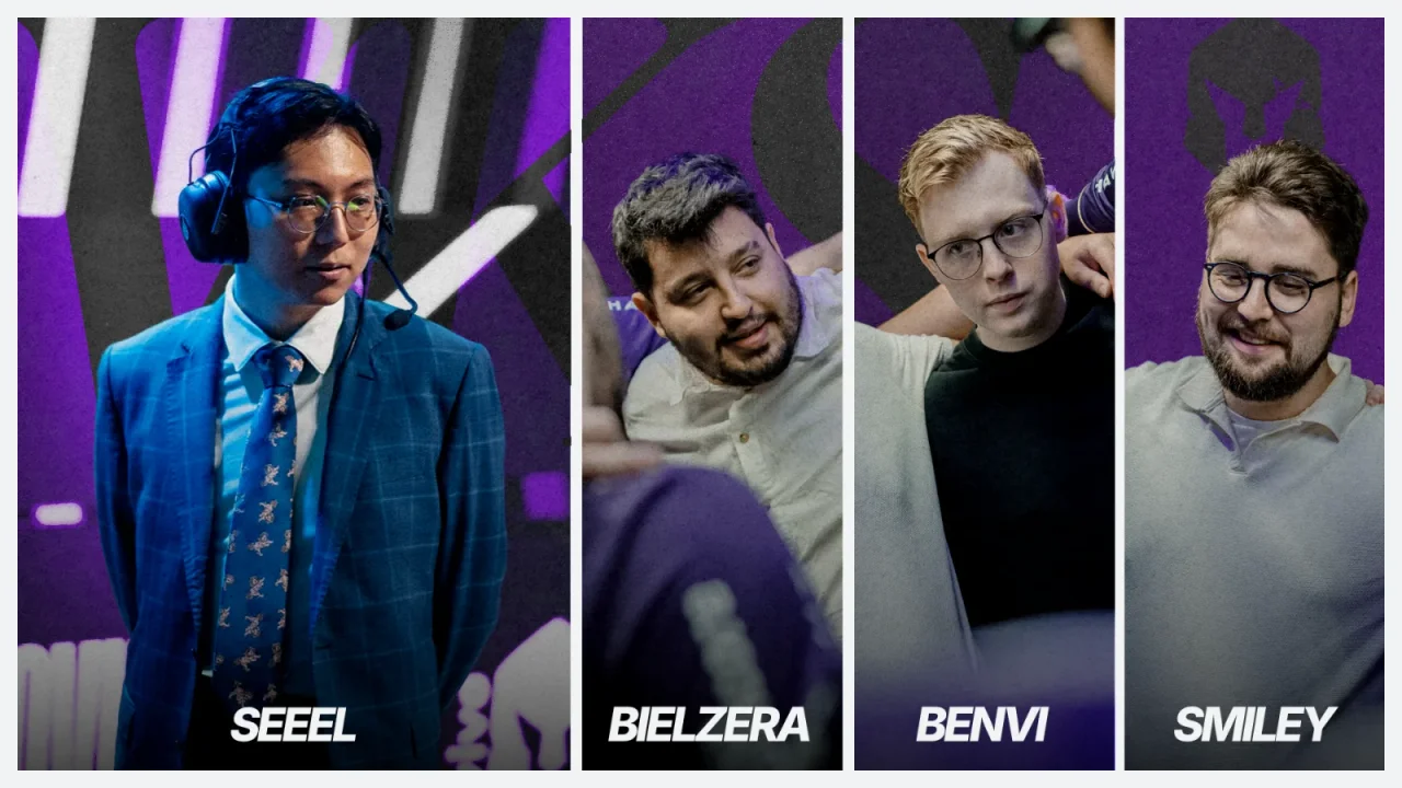 Four tall portrait panels of the coaching staff side by side, each labelled with a name.