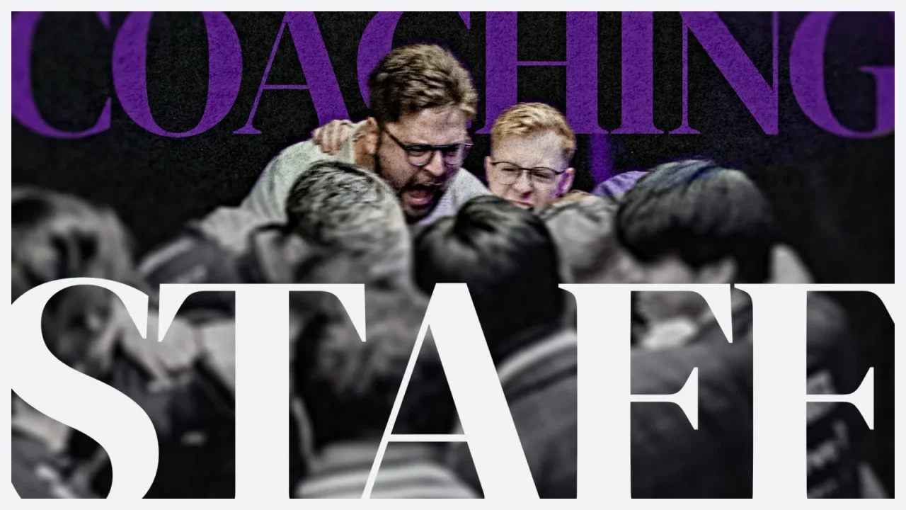 Section opener with the words COACHING STAFF in huge serif type over a black-and-white photo of the coaches.