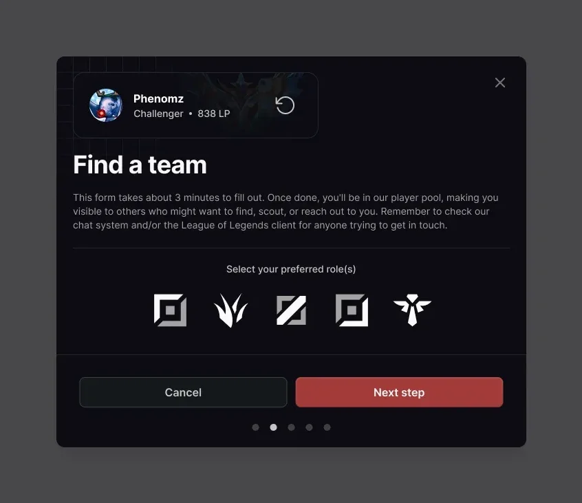 Find a team form, step two, with five League of Legends role icons to select preferred roles.