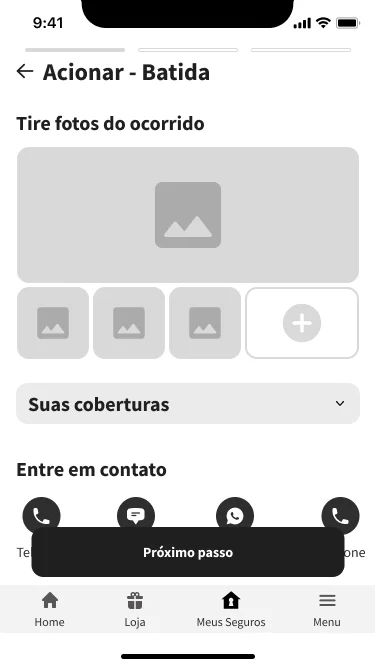 First claim step with photo-upload placeholders, an expandable coverage area, contact options, and a next-step action.