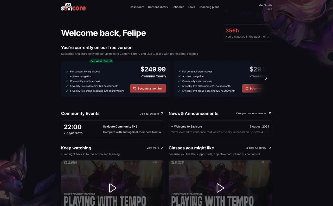 Dashboard for a free user, with premium plan cards shown in context above community events, news, and recommended videos.